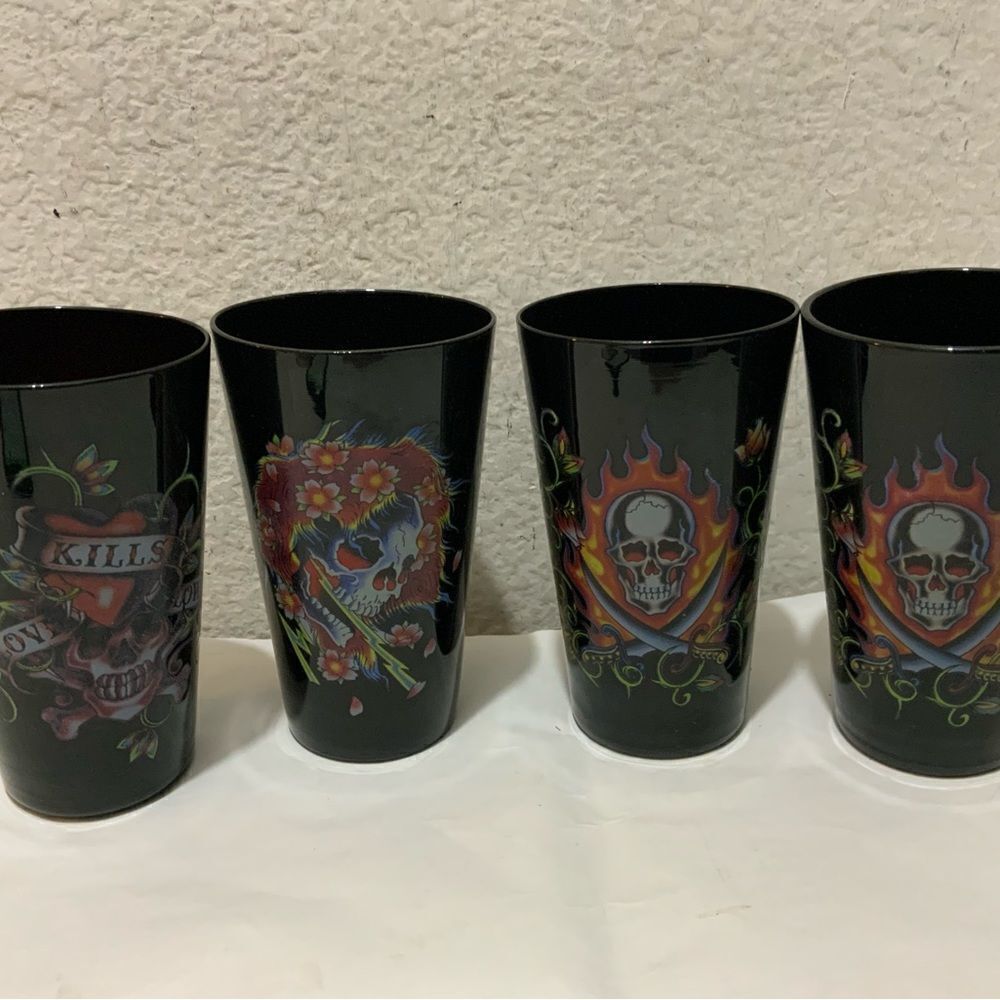 Ed Hardy Designs Black Drinking Glass Tumblers set of 4